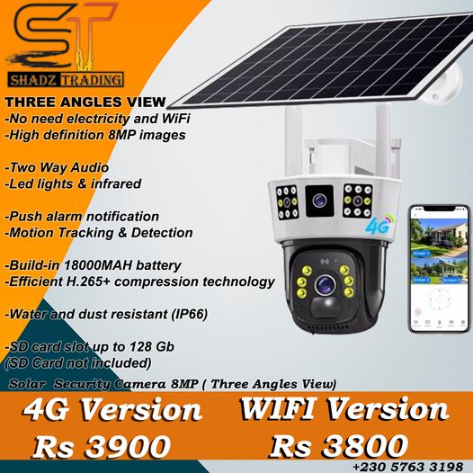 Smart Solar 4G Camera / Solar Wifi Camera 8MP ( Three Angles View )